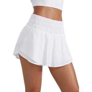 imageCRZ YOGA Athletic Shorts for Women High Waisted Flowy Ruffle Skirt Overlay for Workout Running Tennis with Zip PocketWhite