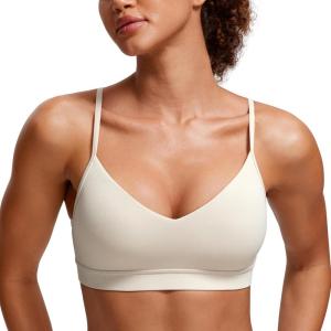 imageCRZ YOGA Butterluxe VNeck Sports Bras for Women  Adjustable Thin Straps Padded Yoga Top Basic Wireless CamisoleMojave Tan