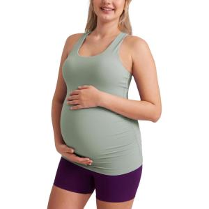 imageCRZ YOGA Butterluxe Womens Racerback Maternity Tank Tops Ruched Sleeveless Pregnancy Yoga Tee with Built in Bra Workout ShirtGreen Palm Court