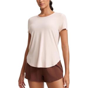 imageCRZ YOGA Cloudweight Workout Tops for Women Lightweight Athletic Short Sleeve Shirts Gym Running Side Slit TShirtsWhite Opal