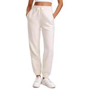 imageCRZ YOGA Cotton Fleece Lined Sweatpants Women High Waisted Warm Casual Lounge Jogger Pants with PocketsWhite Apricot