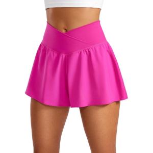 imageCRZ YOGA Crossover Butterfly Athletic Shorts for Women 2 in 1 Flowy High Waisted for Tennis Running Workout with PocketsHibiscus Purple