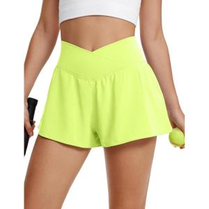 imageCRZ YOGA Crossover Butterfly Athletic Shorts for Women 2 in 1 Flowy High Waisted for Tennis Running Workout with PocketsNeon Yellow