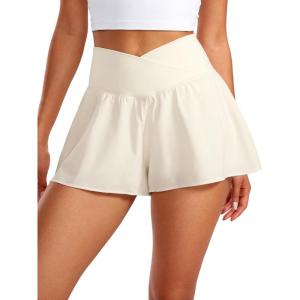 imageCRZ YOGA Crossover Butterfly Athletic Shorts for Women 2 in 1 Flowy High Waisted for Tennis Running Workout with PocketsWhite Apricot