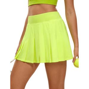 imageCRZ YOGA Cute Pleated Skirts for Women High Waisted Tennis Golf Skorts with Pockets Casual Athletic Workout SkaterNeon Yellow