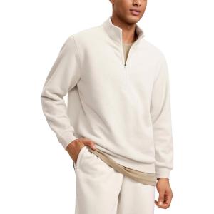 imageCRZ YOGA Fleece Lined Half Zip Sweatshirts for Men Mock Neck Pullover Sweat Shirts Casual Workout Daily SweatersWhite Apricot