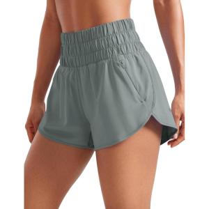 imageCRZ YOGA High Waisted Dolphin Running Shorts for Womens Mesh Liner for Gym Workout Athletic with Zipper PocketGrey Sage