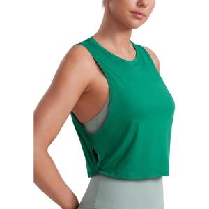 imageCRZ YOGA Pima Cotton Cropped Workout Tank Tops for Women  Sleeveless Sports Athletic Yoga Running Gym Crop ShirtsCascadia Green