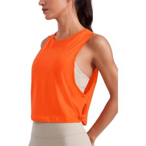 imageCRZ YOGA Pima Cotton Cropped Workout Tank Tops for Women  Sleeveless Sports Athletic Yoga Running Gym Crop ShirtsDeep Armholecoral
