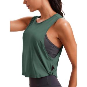 imageCRZ YOGA Pima Cotton Cropped Workout Tank Tops for Women  Sleeveless Sports Athletic Yoga Running Gym Crop ShirtsDeep Armholegraphite Green