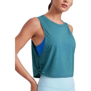 imageCRZ YOGA Pima Cotton Cropped Workout Tank Tops for Women  Sleeveless Sports Athletic Yoga Running Gym Crop ShirtsDeep Armholekingfisher Heather