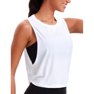 imageCRZ YOGA Pima Cotton Cropped Workout Tank Tops for Women  Sleeveless Sports Athletic Yoga Running Gym Crop ShirtsDeep Armholewhite