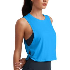 imageCRZ YOGA Pima Cotton Cropped Workout Tank Tops for Women  Sleeveless Sports Athletic Yoga Running Gym Crop ShirtsMadagascar Blue