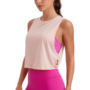 imageCRZ YOGA Pima Cotton Cropped Workout Tank Tops for Women  Sleeveless Sports Athletic Yoga Running Gym Crop ShirtsMarshmallow Pink