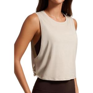 imageCRZ YOGA Pima Cotton Cropped Workout Tank Tops for Women  Sleeveless Sports Athletic Yoga Running Gym Crop ShirtsMojave Tan