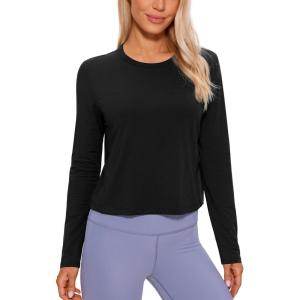 imageCRZ YOGA Pima Cotton Long Sleeve Workout Shirts for Women Loose Cropped Tops Athletic Sports TShirtBlack