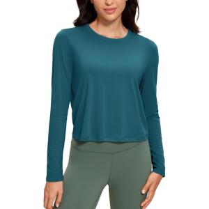 imageCRZ YOGA Pima Cotton Long Sleeve Workout Shirts for Women Loose Cropped Tops Athletic Sports TShirtBorealis Green