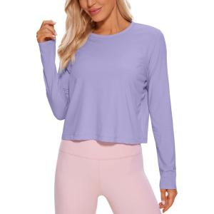 imageCRZ YOGA Pima Cotton Long Sleeve Workout Shirts for Women Loose Cropped Tops Athletic Sports TShirtLavender Gray