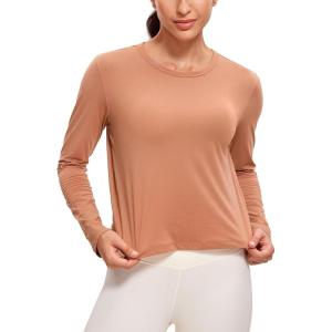 imageCRZ YOGA Pima Cotton Long Sleeve Workout Shirts for Women Loose Cropped Tops Athletic Sports TShirtMocha Mousse