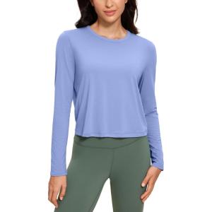 imageCRZ YOGA Pima Cotton Long Sleeve Workout Shirts for Women Loose Cropped Tops Athletic Sports TShirtPeriwinkle Purple