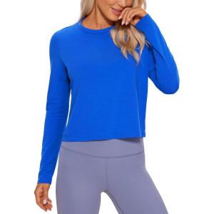 imageCRZ YOGA Pima Cotton Long Sleeve Workout Shirts for Women Loose Cropped Tops Athletic Sports TShirtStrong Blue