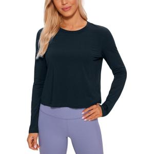 imageCRZ YOGA Pima Cotton Long Sleeve Workout Shirts for Women Loose Cropped Tops Athletic Sports TShirtTrue Navy