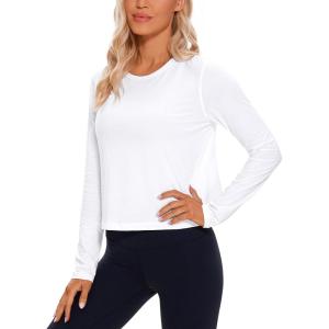 imageCRZ YOGA Pima Cotton Long Sleeve Workout Shirts for Women Loose Cropped Tops Athletic Sports TShirtWhite