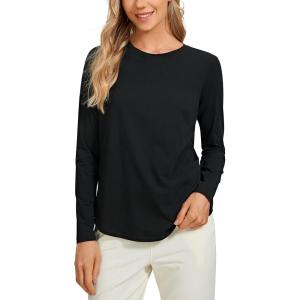 imageCRZ YOGA Pima Cotton Workout Long Sleeve Shirts for Women Athletic Crewneck Yoga Casual Tops Plain TShirtBlack