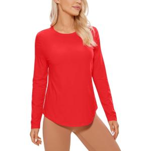imageCRZ YOGA Pima Cotton Workout Long Sleeve Shirts for Women Athletic Crewneck Yoga Casual Tops Plain TShirtDeep Red