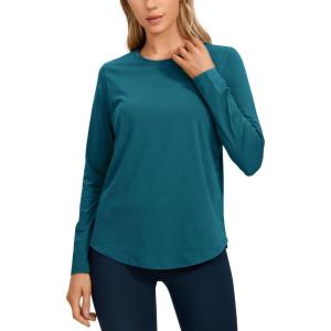 imageCRZ YOGA Pima Cotton Workout Long Sleeve Shirts for Women Athletic Crewneck Yoga Casual Tops Plain TShirtGreen Jade