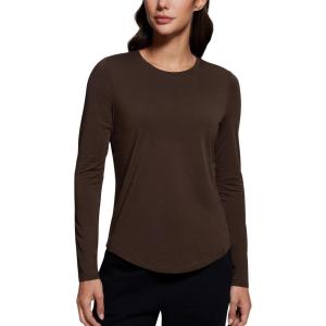 imageCRZ YOGA Pima Cotton Workout Long Sleeve Shirts for Women Athletic Crewneck Yoga Casual Tops Plain TShirtHot Fudge Brown