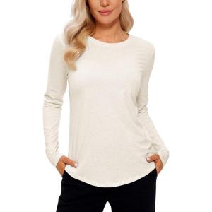imageCRZ YOGA Pima Cotton Workout Long Sleeve Shirts for Women Athletic Crewneck Yoga Casual Tops Plain TShirtIce GreyWhite