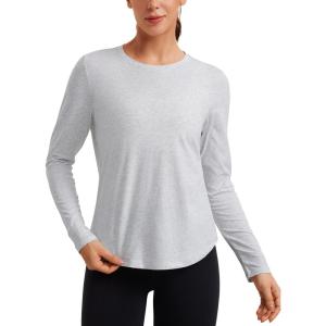 imageCRZ YOGA Pima Cotton Workout Long Sleeve Shirts for Women Athletic Crewneck Yoga Casual Tops Plain TShirtLight Grey Heather