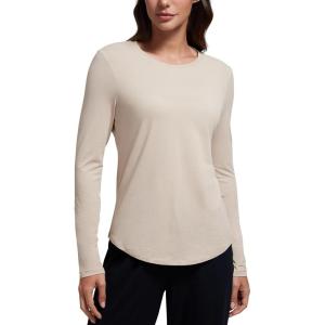 imageCRZ YOGA Pima Cotton Workout Long Sleeve Shirts for Women Athletic Crewneck Yoga Casual Tops Plain TShirtMojave Tan