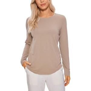 imageCRZ YOGA Pima Cotton Workout Long Sleeve Shirts for Women Athletic Crewneck Yoga Casual Tops Plain TShirtMortar Color