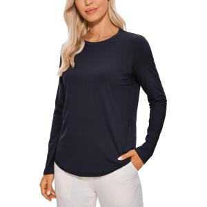 imageCRZ YOGA Pima Cotton Workout Long Sleeve Shirts for Women Athletic Crewneck Yoga Casual Tops Plain TShirtNavy