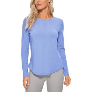 imageCRZ YOGA Pima Cotton Workout Long Sleeve Shirts for Women Athletic Crewneck Yoga Casual Tops Plain TShirtPeriwinkle Purple