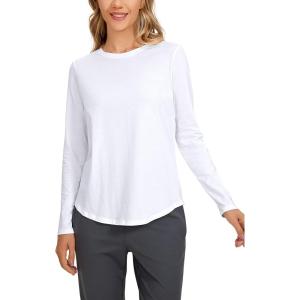 imageCRZ YOGA Pima Cotton Workout Long Sleeve Shirts for Women Athletic Crewneck Yoga Casual Tops Plain TShirtWhite