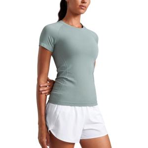 imageCRZ YOGA Seamless Workout Tops for Women Short Sleeve Athletic Tees Breathable Gym Running Yoga ShirtsGreen Palm Court