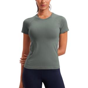 imageCRZ YOGA Seamless Workout Tops for Women Short Sleeve Athletic Tees Breathable Gym Running Yoga ShirtsGrey Sage