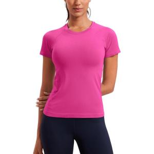 imageCRZ YOGA Seamless Workout Tops for Women Short Sleeve Athletic Tees Breathable Gym Running Yoga ShirtsHibiscus Purple