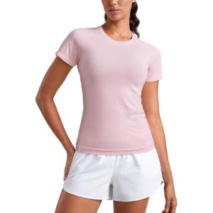 imageCRZ YOGA Seamless Workout Tops for Women Short Sleeve Athletic Tees Breathable Gym Running Yoga ShirtsStrawberry Pink