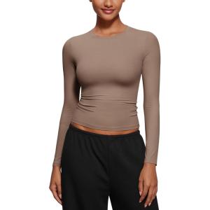 imageCRZ YOGA Softembrace Long Sleeve Shirts for Women Soft Crew Neck Fall Basic Tight Tops Fitted Casual Going Out TShirtsBrown Purple