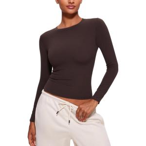 imageCRZ YOGA Softembrace Long Sleeve Shirts for Women Soft Crew Neck Fall Basic Tight Tops Fitted Casual Going Out TShirtsHot Fudge Brown