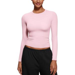 imageCRZ YOGA Softembrace Long Sleeve Shirts for Women Soft Crew Neck Fall Basic Tight Tops Fitted Casual Going Out TShirtsStrawberry Pink