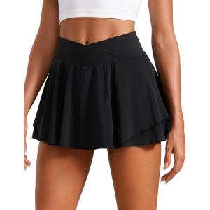 imageCRZ YOGA Tennis Skirts for Women Crossover High Waisted Ruffle Layered Workout Athletic Golf Skort with PocketsBlack