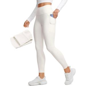 imageCRZ YOGA Thermal Fleece Lined Leggings Women 25  High Waisted Winter Workout Hiking Pants with Pockets Warm Running TightsMilky White