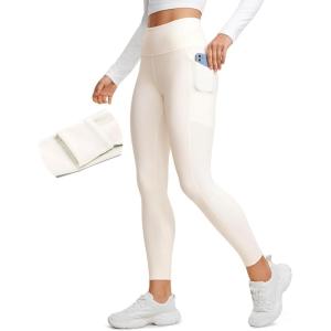 imageCRZ YOGA Thermal Fleece Lined Leggings Women 25  High Waisted Winter Workout Hiking Pants with Pockets Warm Running TightsWhite Apricot