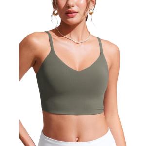 imageCRZ YOGA Womens Bikini Top Cropped V Neck Adjustable Spaghetti Straps Swimsuit Padded Athletic Bathing SuitLight Army Green