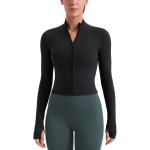 imageCRZ YOGA Womens Butterluxe Full Zip Cropped Workout Jacket Slim Fit Lightweight Athletic Yoga Tops with Thumb HolesBlack